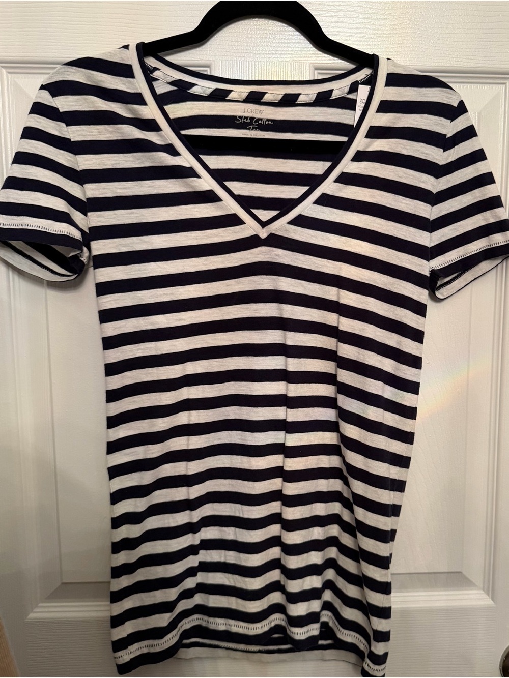 J. Crew Navy and White Striped V-Neck Tee